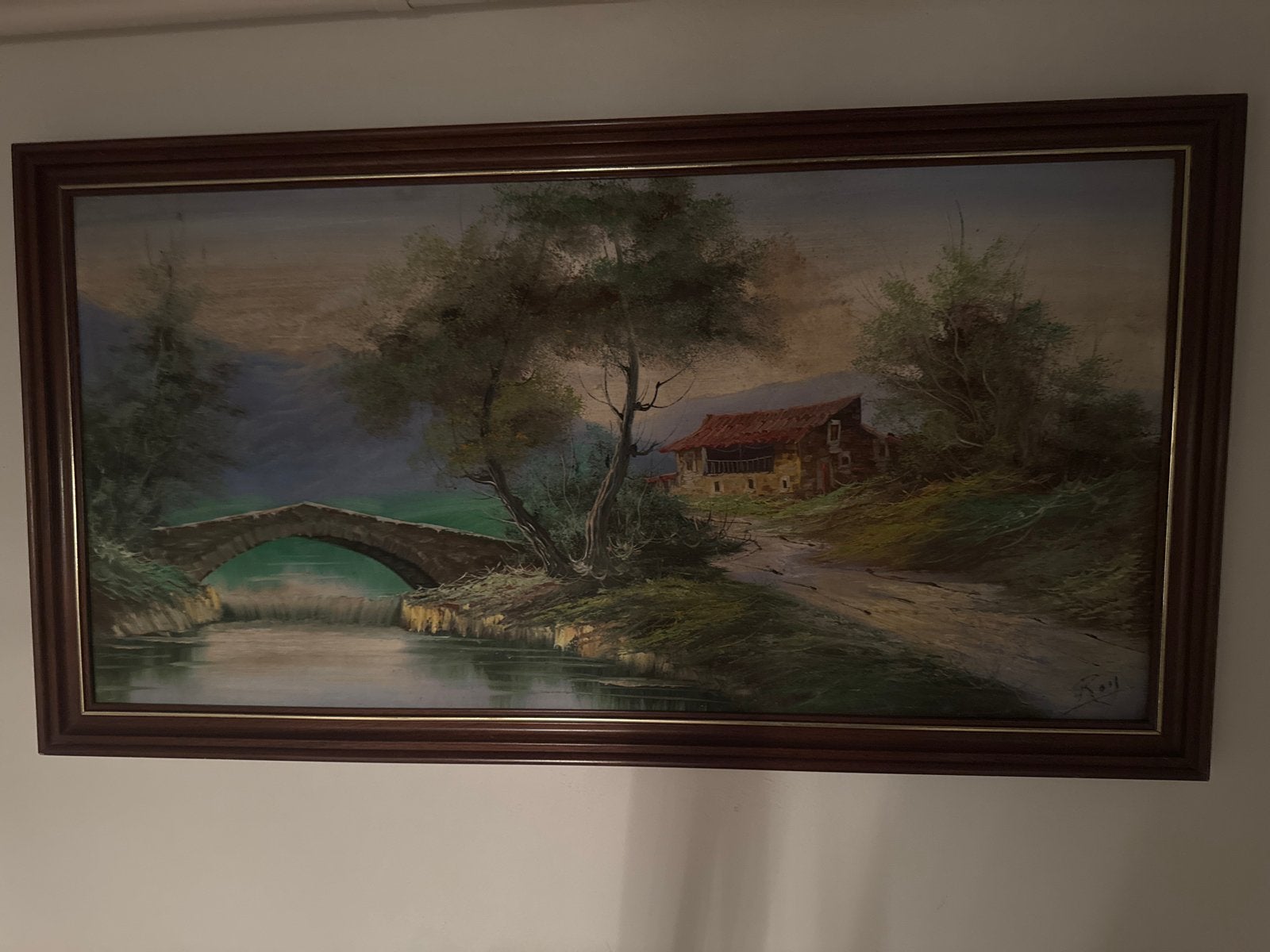Schilderij: Landschap met brug en huisje, Ophalen, Doek, Gesigneerd, Landschap