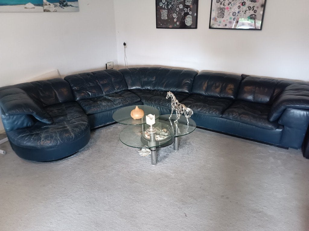 Hoekbank  en stoel Donker Blauw, Huis en Inrichting, Banken | Bankstellen, Ophalen, Gebruikt, Hoekbank, 300 cm of meer