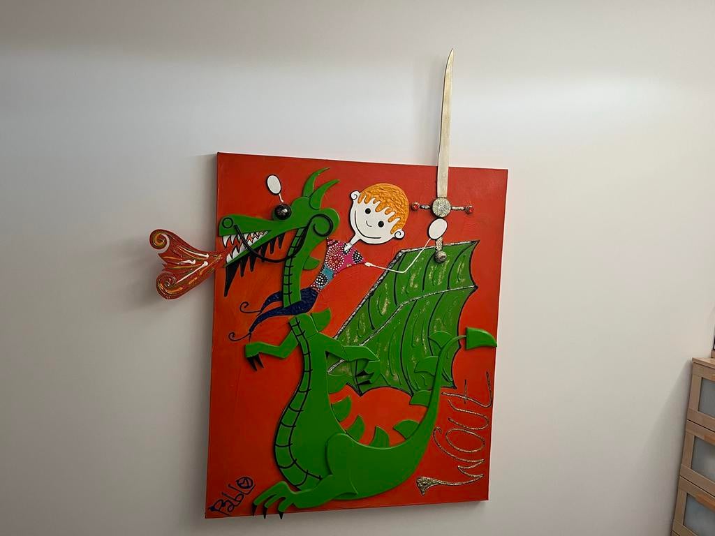Kinder Schilderij Wout met draak en ridder, Ophalen, Gebruikt, Oorspronkelijke maker, Schilderij