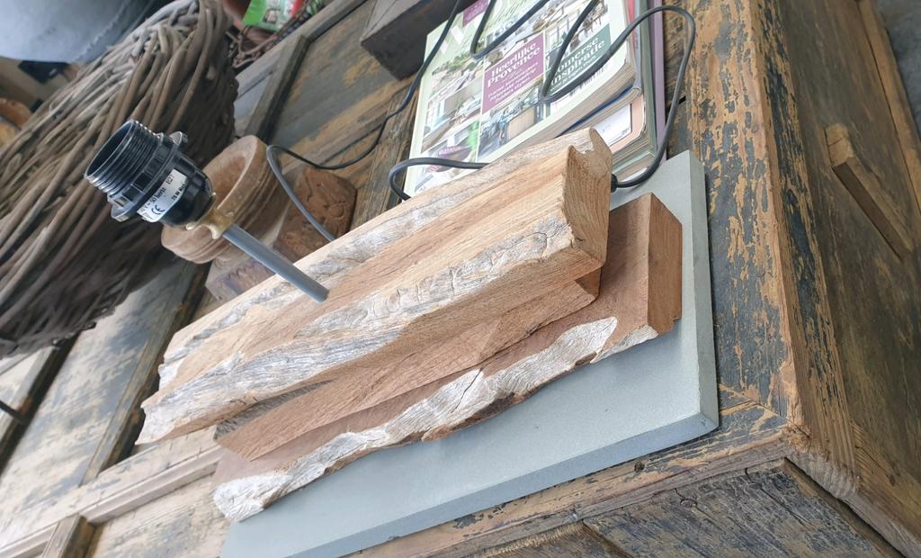 Rustieke tafellamp, teak, aura peeperkorn, Ophalen of Verzenden