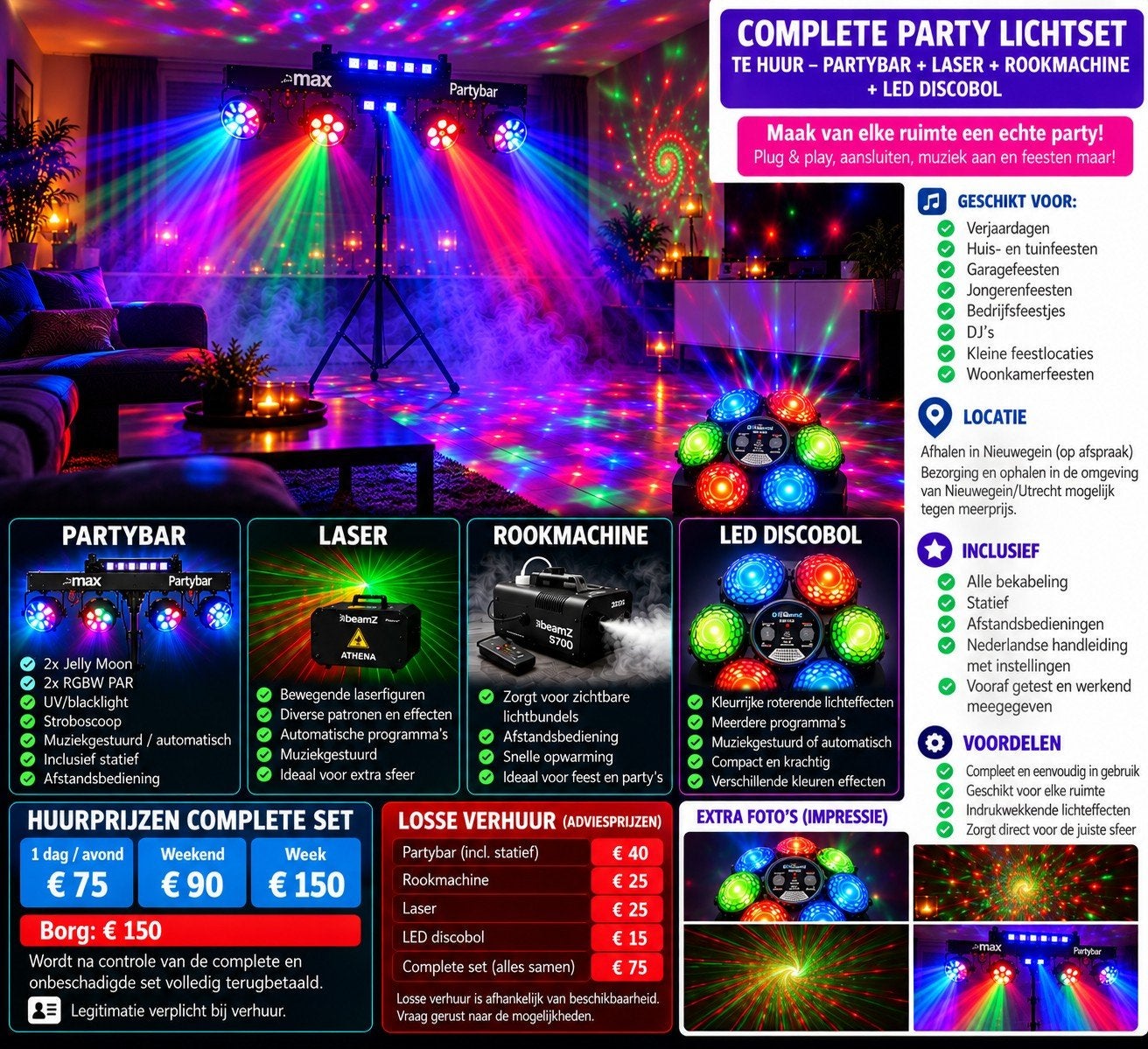 Complete disco dj lichtset huren – PartyBar + Laser + Rookma, Ophalen, Nieuw, Licht, Geluidgestuurd