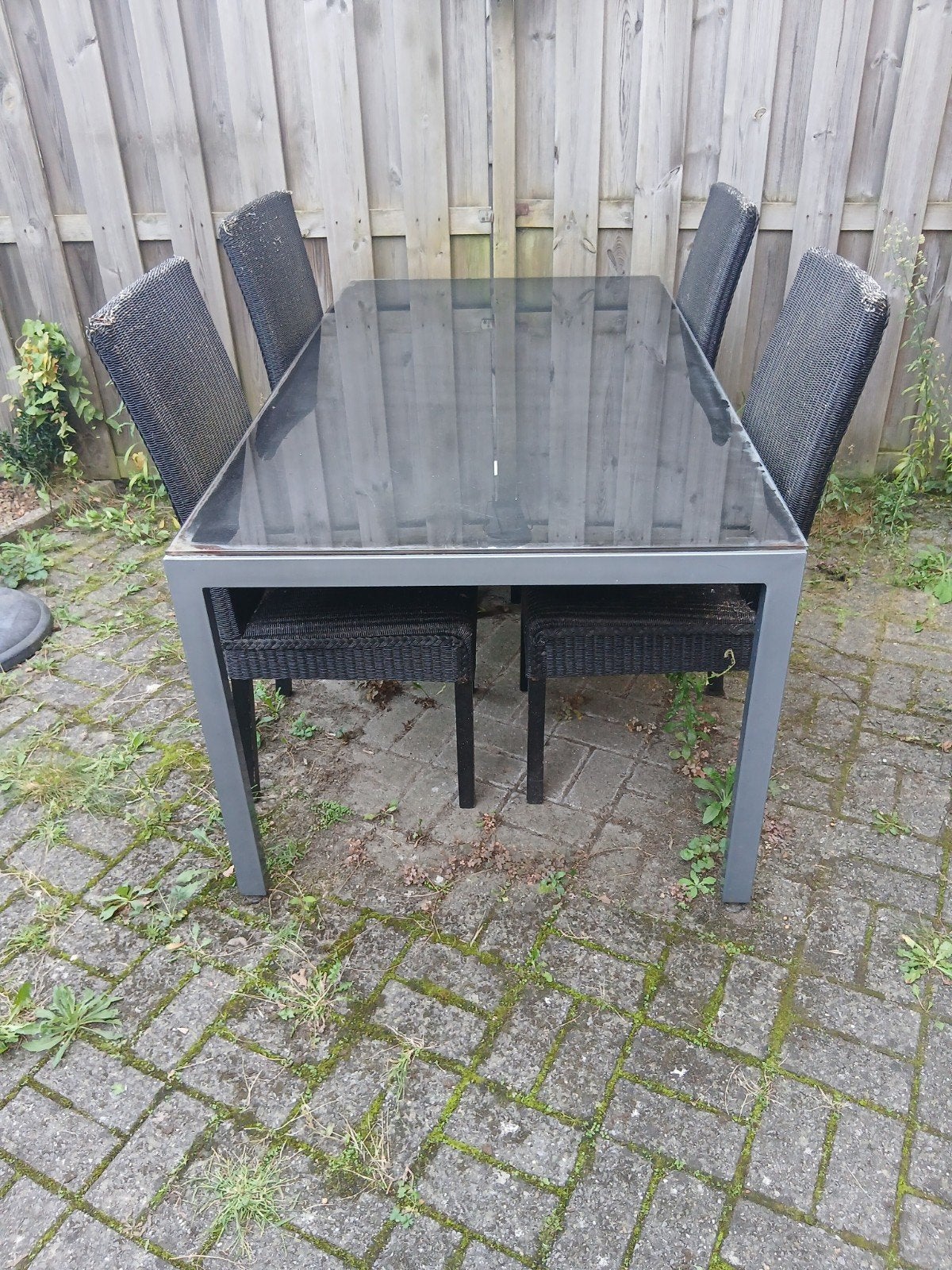 Tuinset met glazen tafel (en eventueel 4 stoelen), Ophalen, Gebruikt, Rechthoekig, Metaal