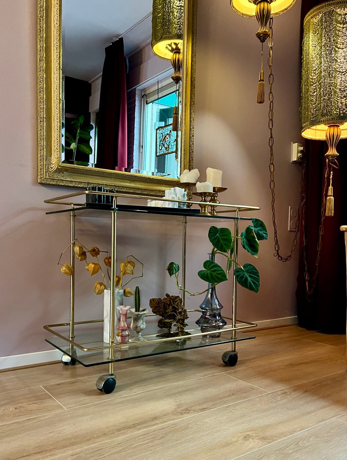 Vintage Messing & Rookglazen Barcart Hollywood Regency, Antiek en Kunst, Ophalen of Verzenden