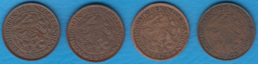 Nederland 1 cent 1928, 1929, 1930 en 1937 Wilhelmina, Postzegels en Munten, Munten | Nederland, Ophalen of Verzenden, Koningin Wilhelmina