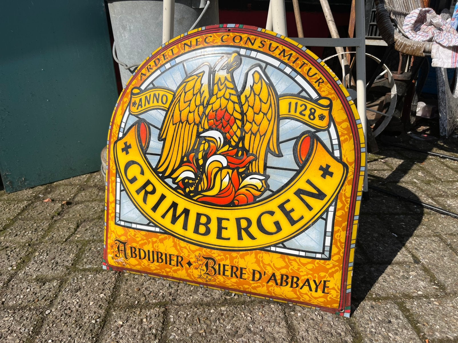 Gebold emaille reclamebord Grimbergen Bier, Reclamebord, Ophalen of Verzenden, Zo goed als nieuw, X