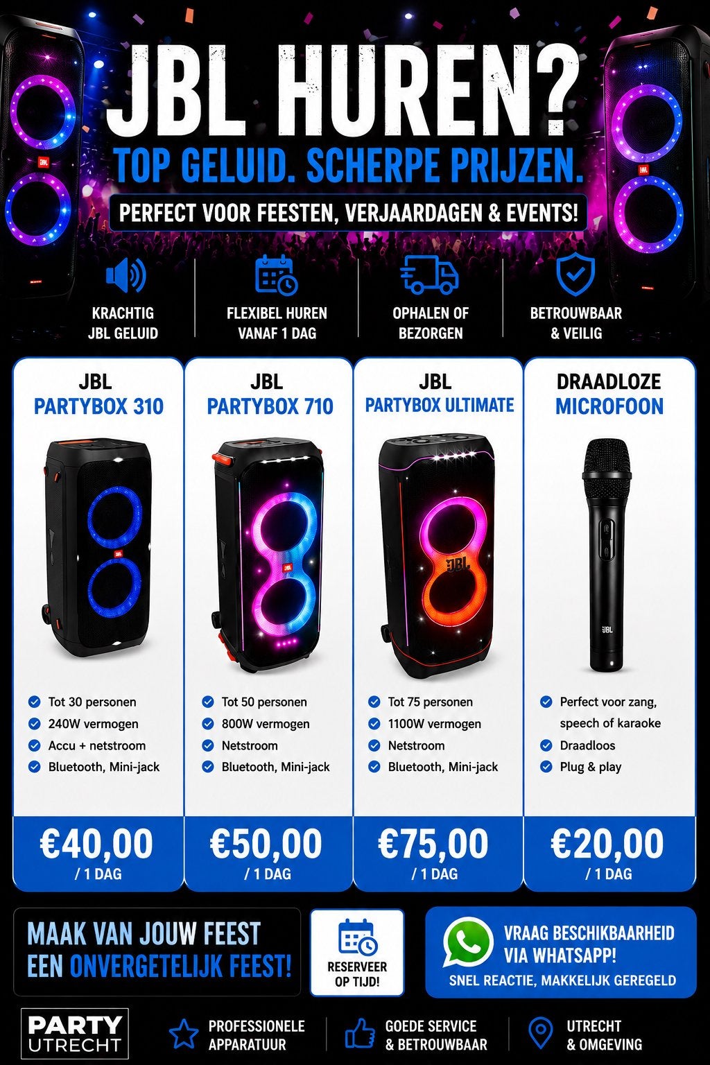 JBL SPEAKER HUREN? JOUW FEEST, ONS GELUID!, Ophalen of Verzenden, Verjaardag
