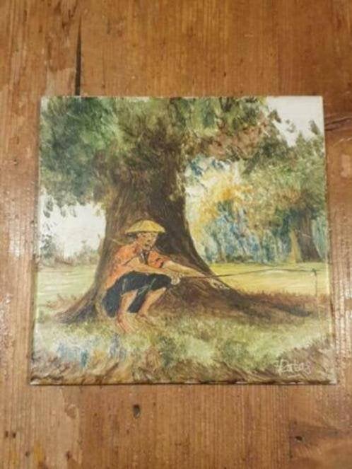 beschilderde tegel Indonesië vissende man gesign H. Porteas., Antiek en Kunst, Ophalen