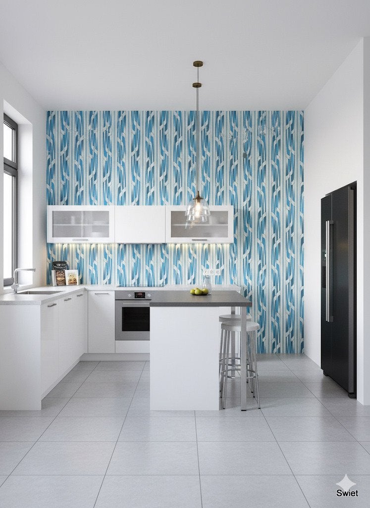 14129 funky space age vintage wallpaper blauw wit swiet, Ophalen of Verzenden, Blauw