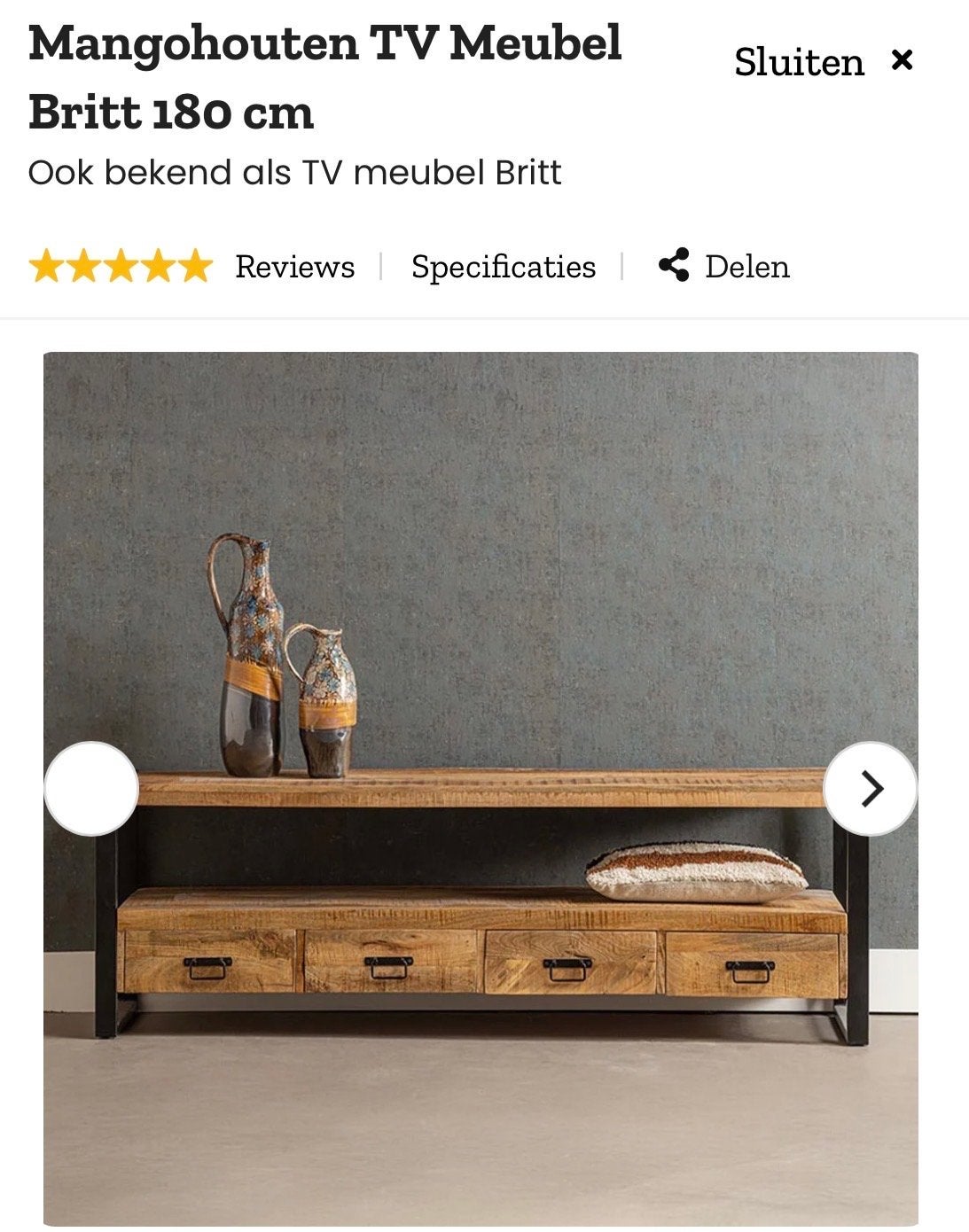 Zo goed als nieuw TV meubel Britt van mangohout en metaal, Ophalen, 150 tot 200 cm, Zo goed als nieuw, Minder dan 100 cm