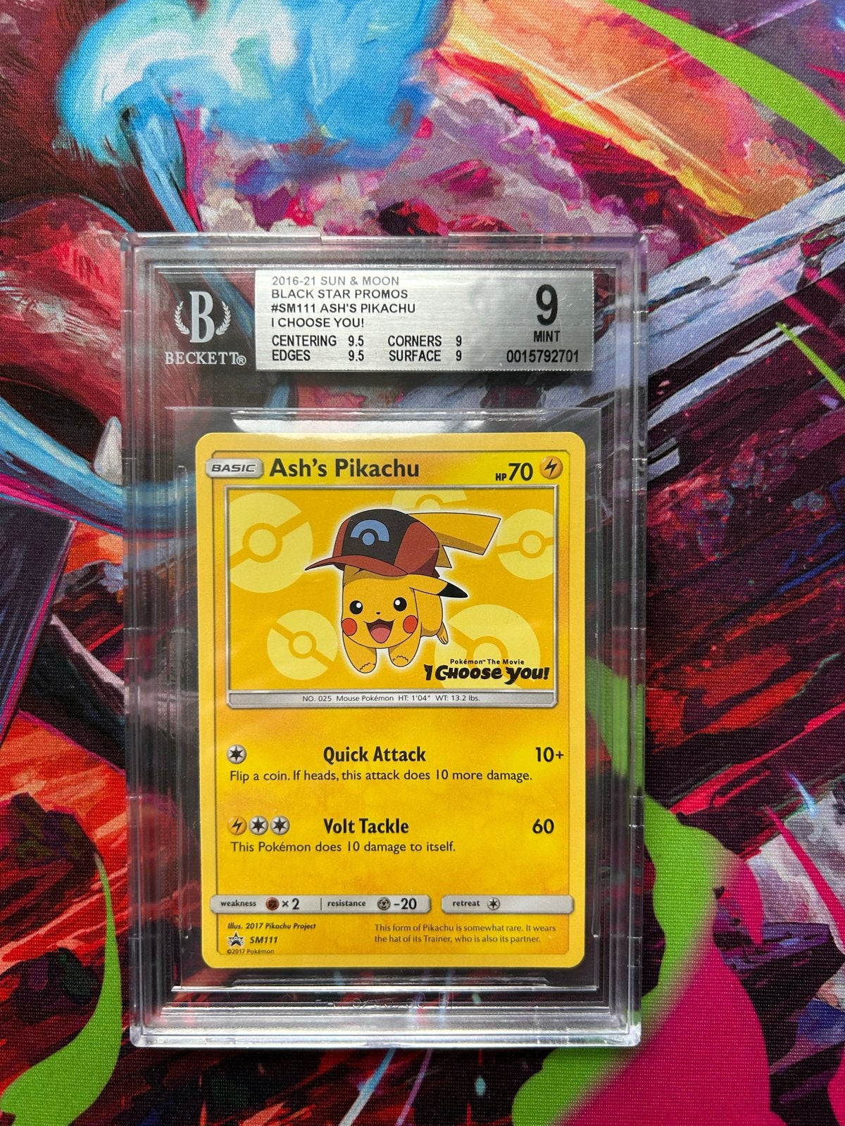 Pokémon Ash's Pikachu SM111 BGS 9 Mint Black Star Promo, Ophalen of Verzenden, Zo goed als nieuw, Losse kaart