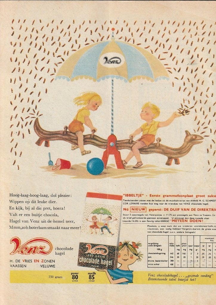 Retro reclame 1963 Venz hagelslag kindjes op wipwap, Verzenden, Overige typen