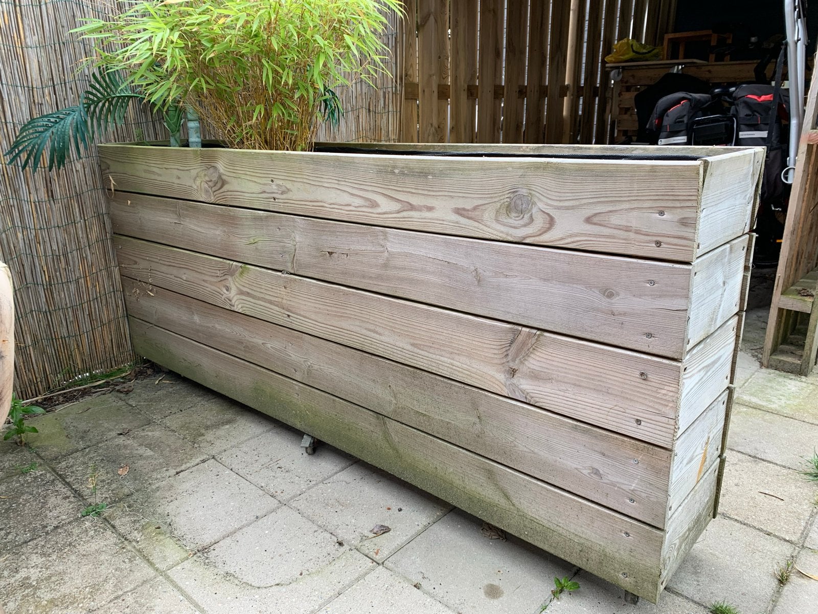 Grote houten plantenbak op wielen - 180x78x33 cm, Tuin en Terras, Bloembakken en Plantenbakken, Ophalen, Gebruikt, 100 cm of meer