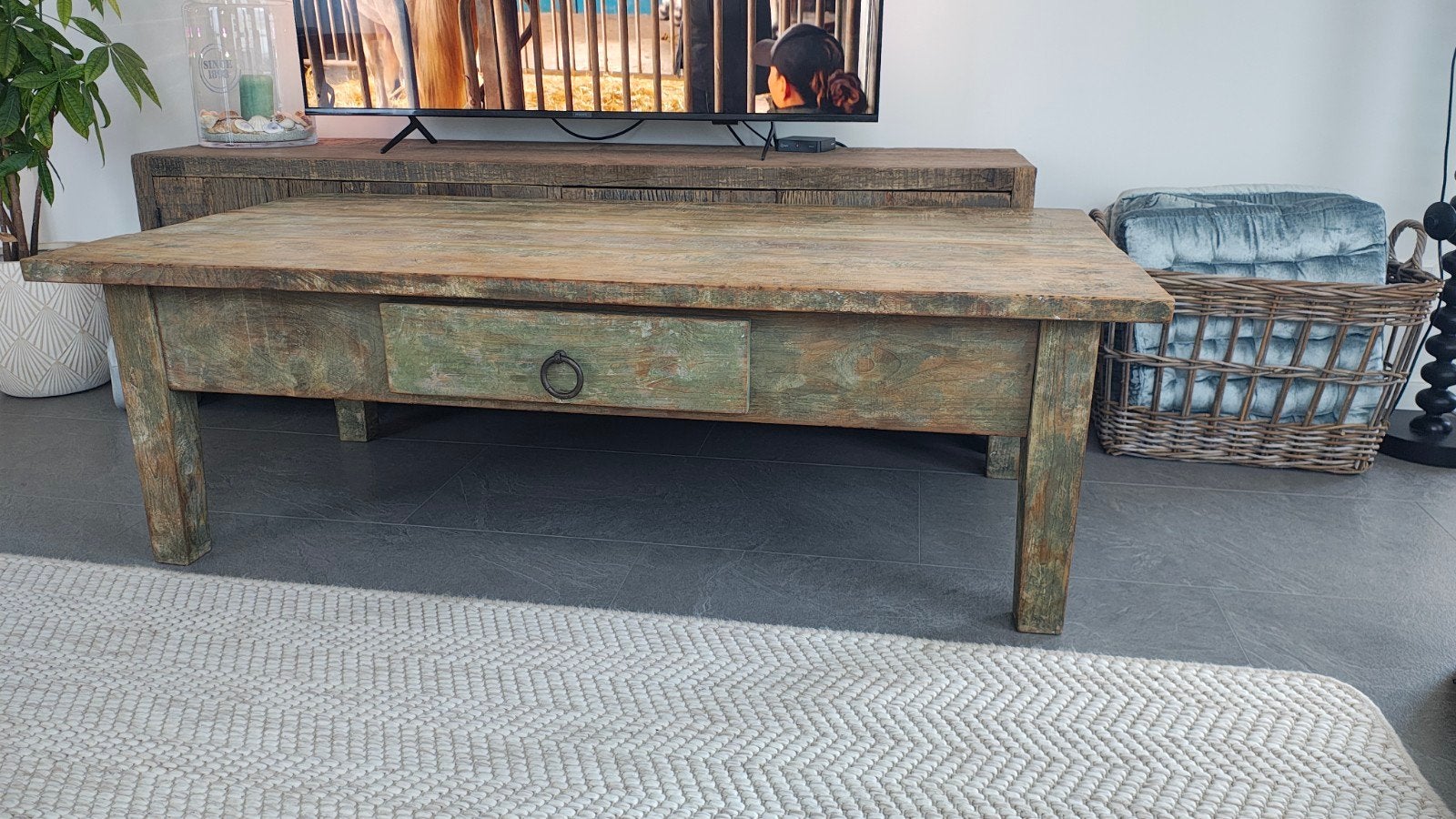 Rustieke Old teak salontafel., Ophalen, 100 tot 150 cm, 50 tot 100 cm, Zo goed als nieuw