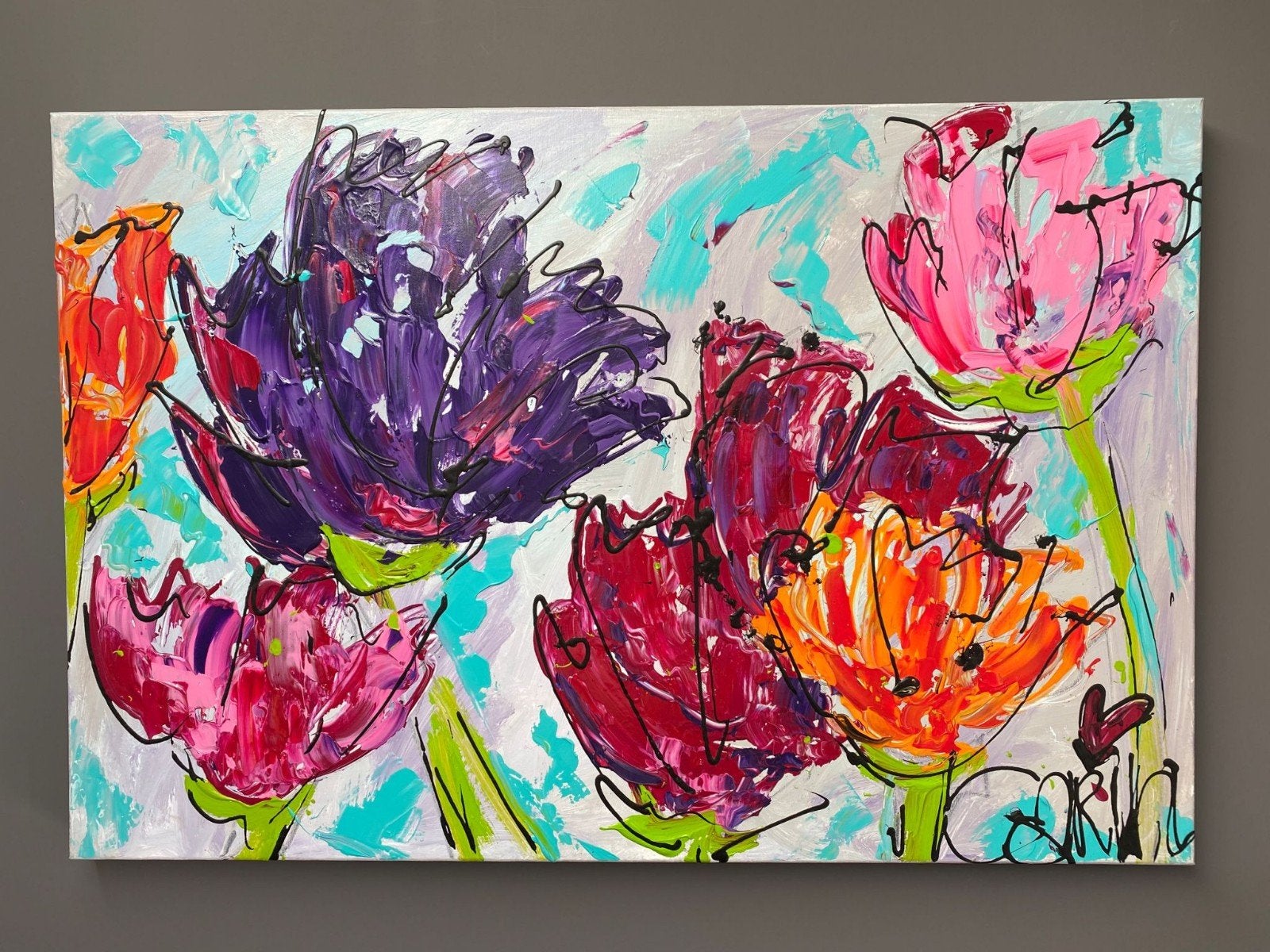 Levendig Bloemen Abstract Schilderij - Acryl op Canvas, Ophalen