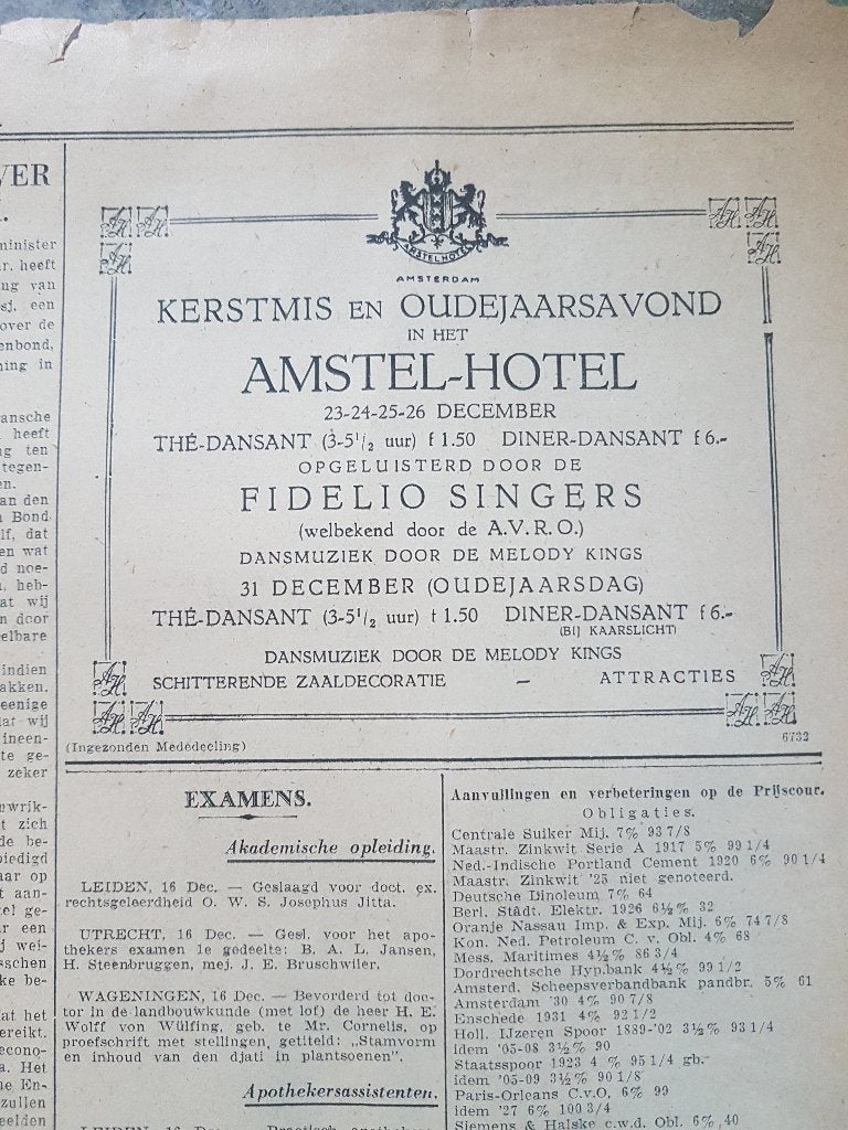 Advertentie Fidelio Singers in Amstel-hotel (1933), Ophalen of Verzenden, 1920 tot 1940, Knipsel(s)