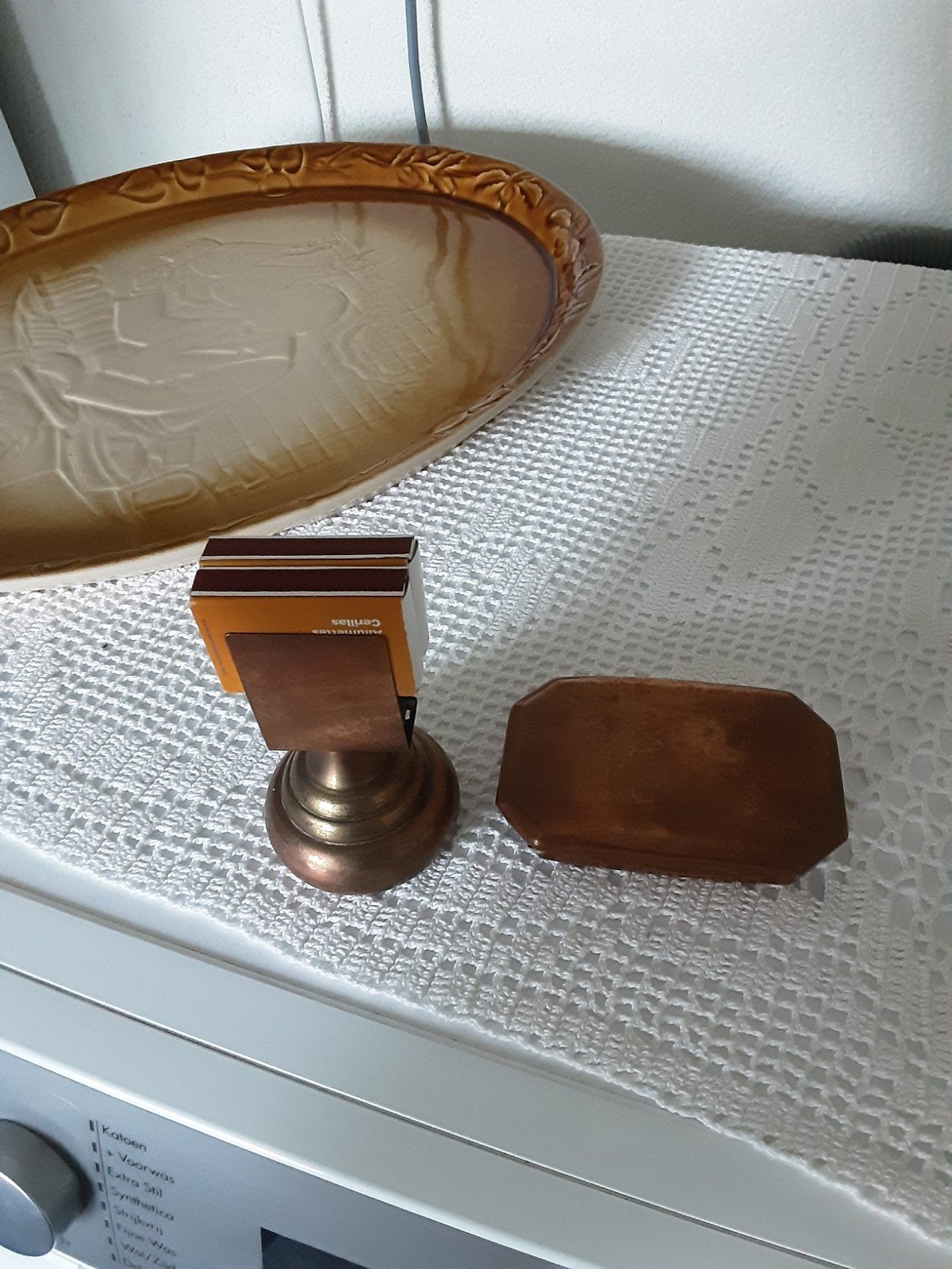 Koperen  tabaksdoos en lucifershouder rood koper., Ophalen of Verzenden