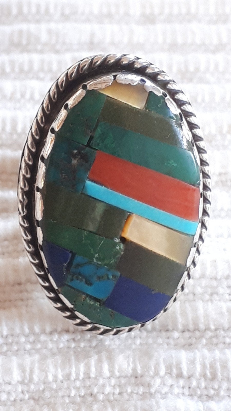Vint. Mexico Zilver Ring met o.a.Turkoois, Koraal en Lapis., Sieraden, Tassen en Uiterlijk, Antieke sieraden, Ophalen of Verzenden