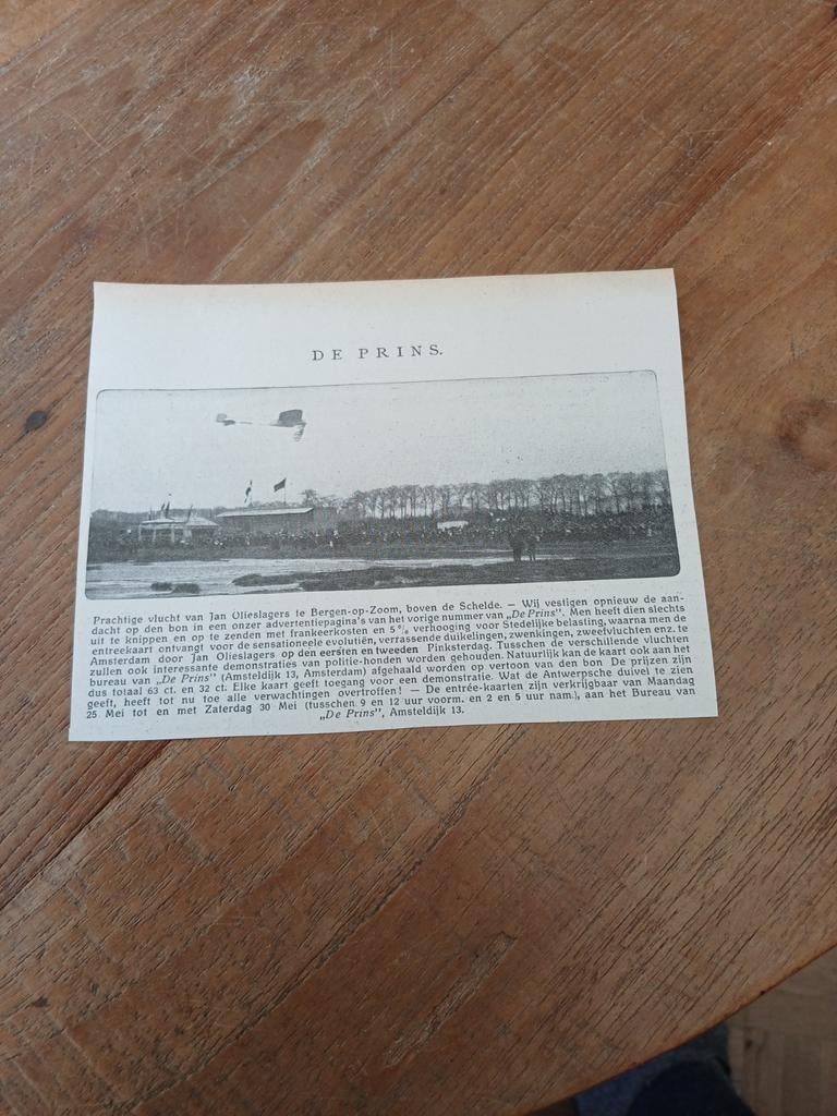 Knipsel vlucht Jan Olieslagers Bergen op Zoom 1914, Ophalen of Verzenden, Gebruikt, Kaart, Foto of Prent