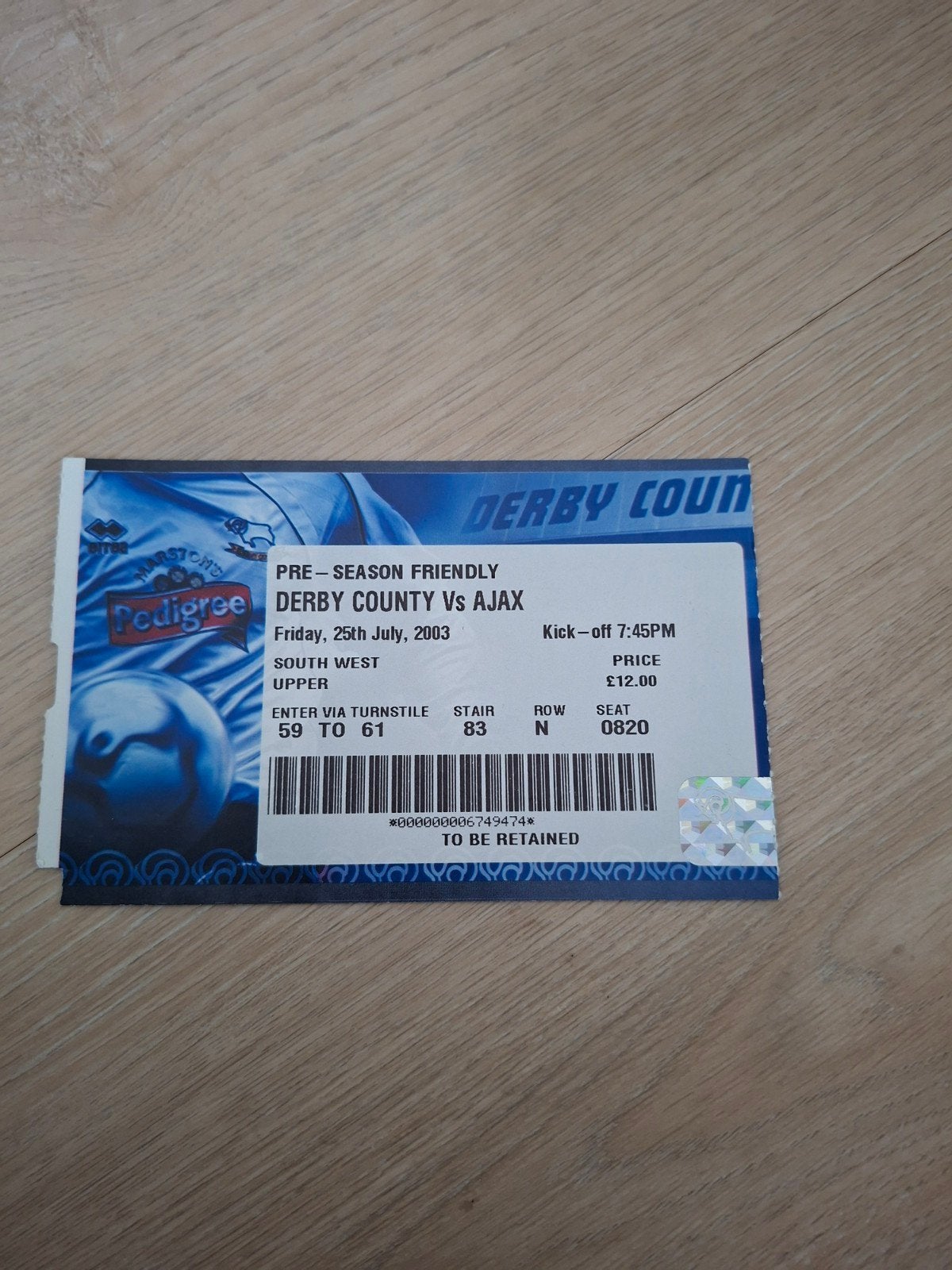 Derby County - Ajax Ticket 25-07-2003, Ophalen of Verzenden, Ajax, Overige typen