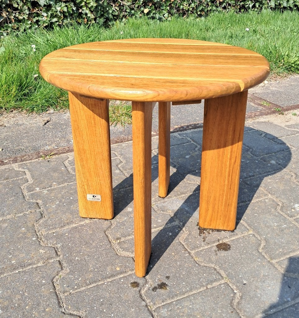 Gloster teakhouten bijzettafel doorsnede 45 cm, hoogte 40 cm, Ophalen, Gebruikt