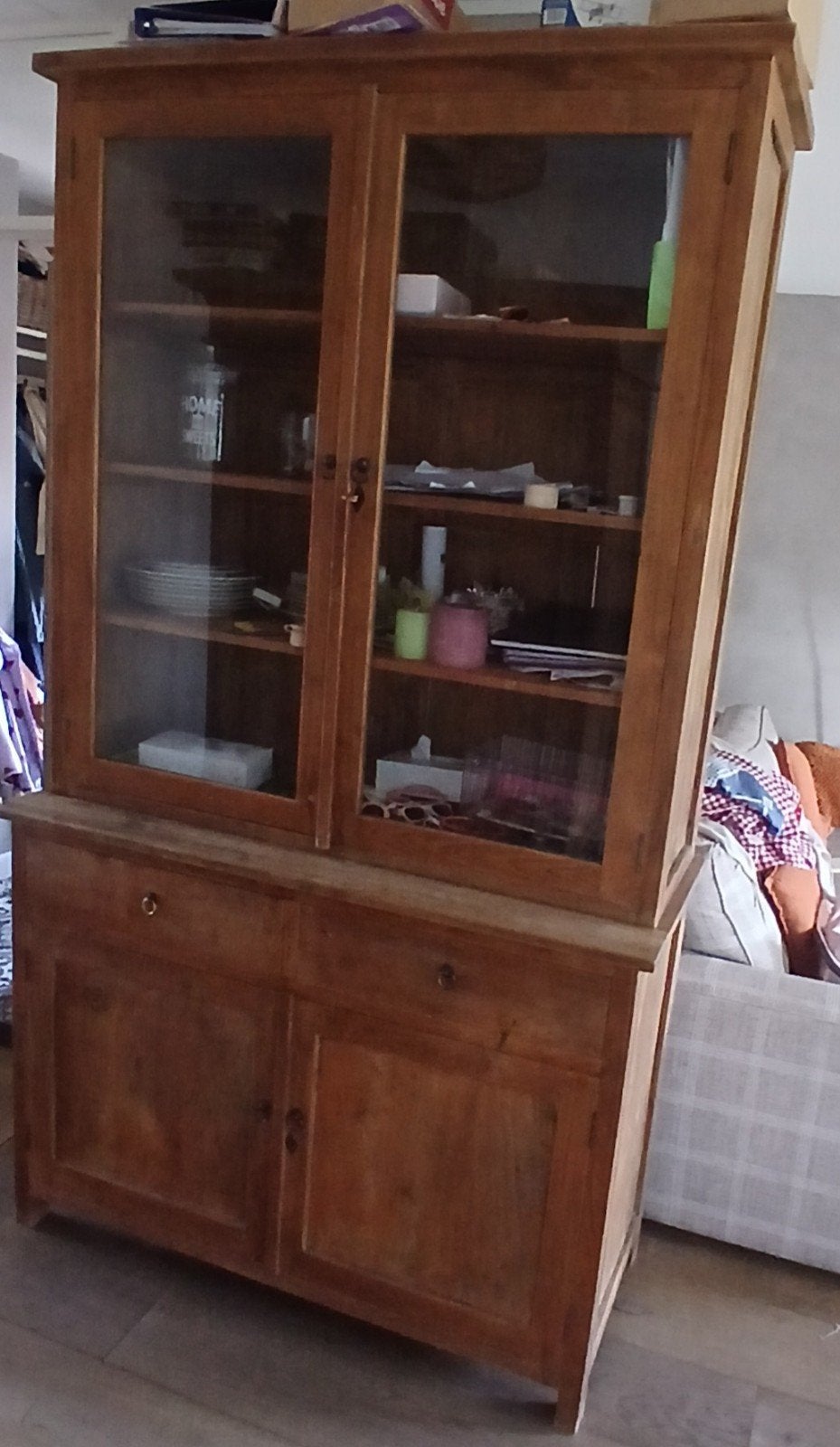 Teak houten vitrinekast met lades en deuren, Ophalen, Gebruikt, Met deur(en), 200 cm of meer