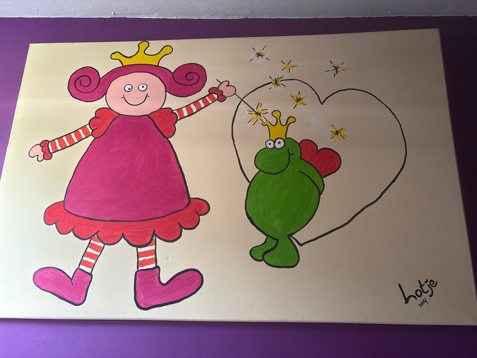 Schilderij prinses en draakje - Handgeschilderd, Antiek en Kunst, Ophalen