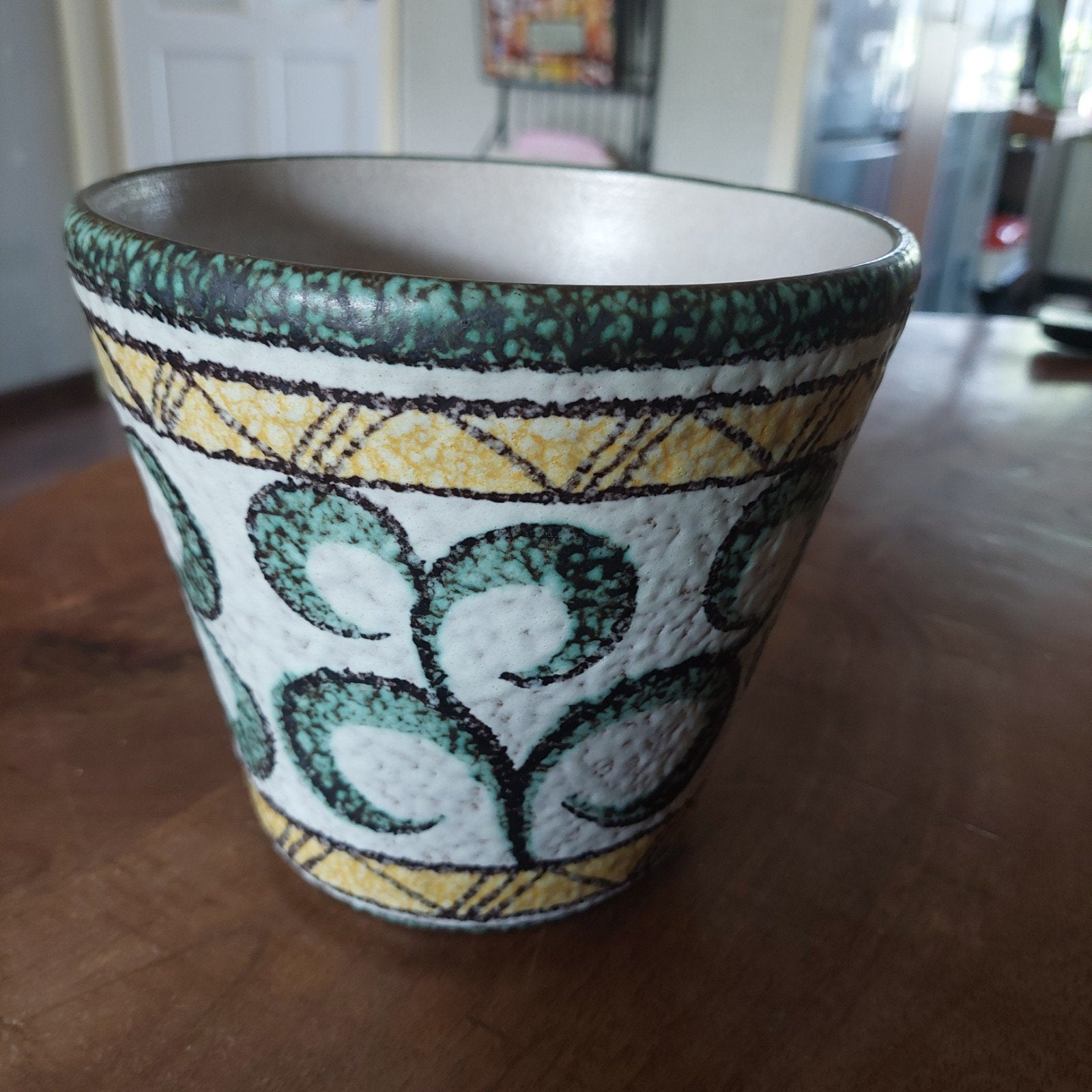 Vintage ruscha keramieken bloempot met handgeschilderd patro, Ophalen of Verzenden