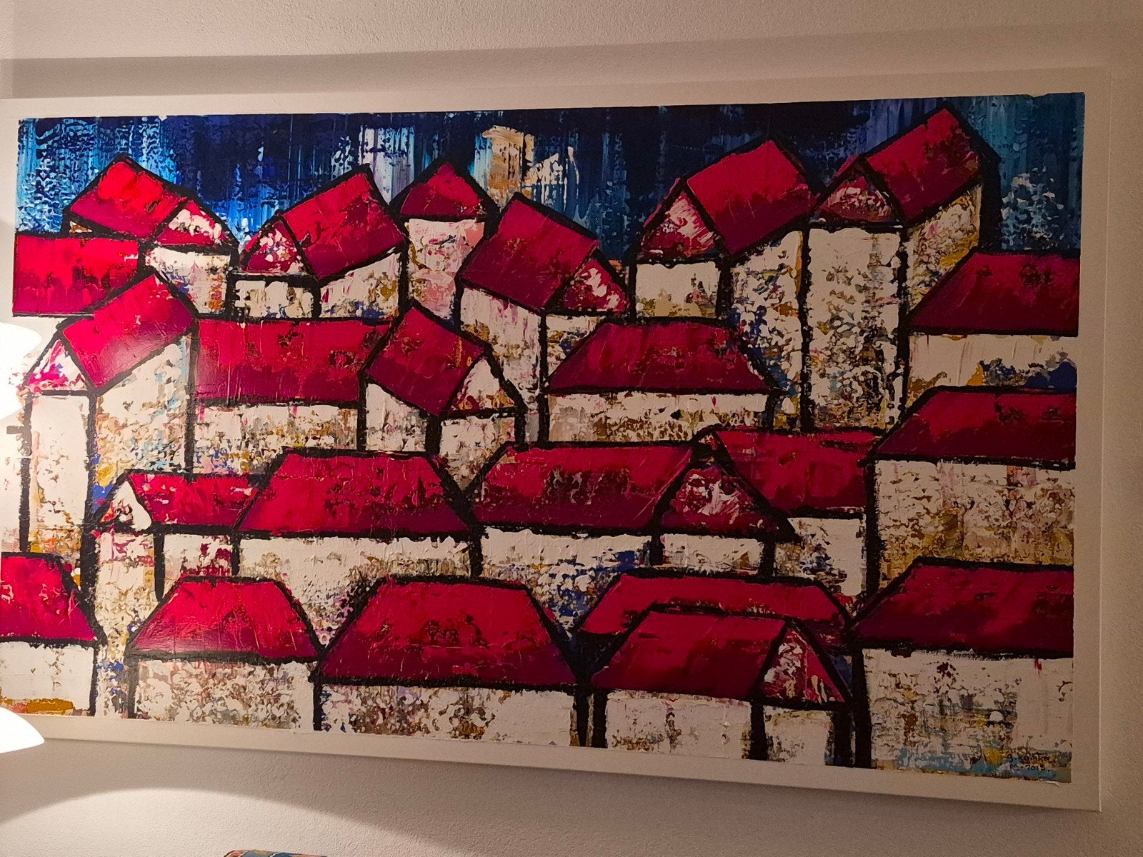 Schilderij 'Rode Daken' - Abstract Stadsgezicht, Ophalen, Op houten frame, Olieverf, Overige materialen
