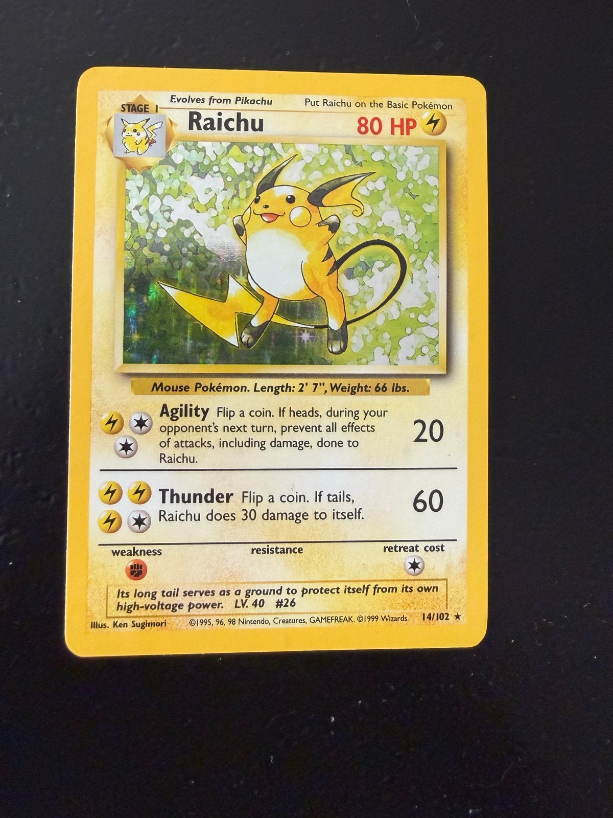Raichu 14/102 Holo Rare Base Set Pokémon Kaart, Ophalen of Verzenden, Gebruikt, Losse kaart, Foil