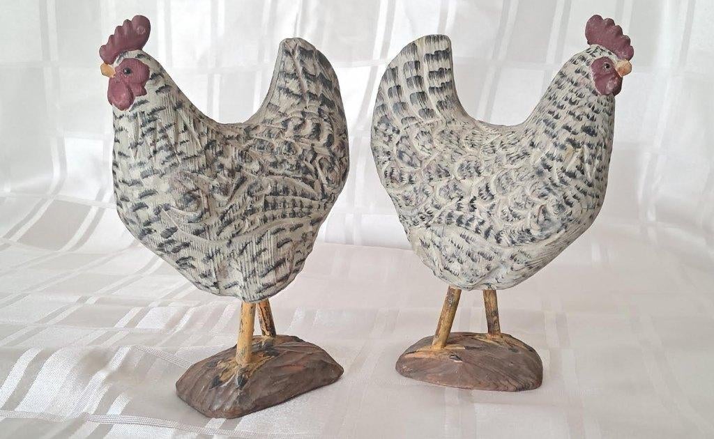 2 Brocante houten kippen van circa 21 cm hoog, Antiek en Kunst, Curiosa en Brocante, Ophalen of Verzenden