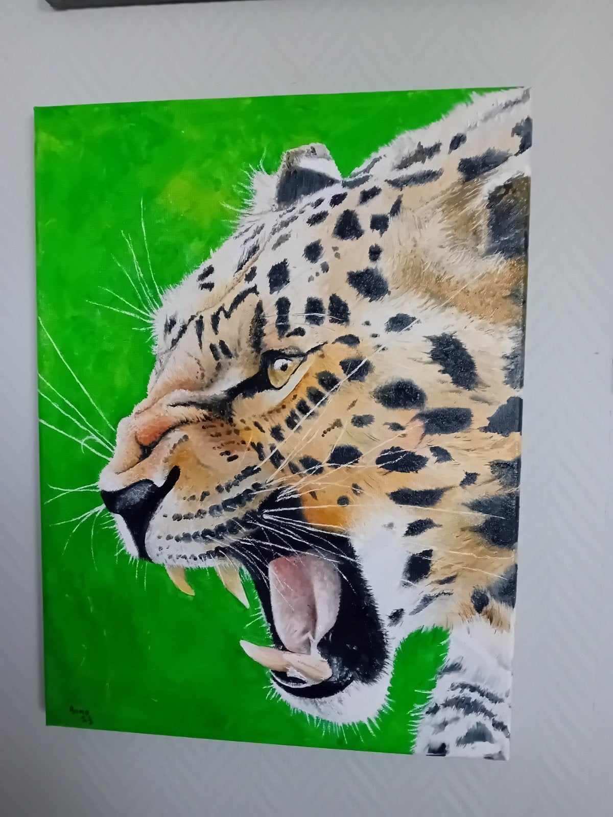 Schilderij luipaard 40x50 cm, zijkant meegeschilderd, Ophalen of Verzenden, Dieren, Handgeschilderd, Olieverf