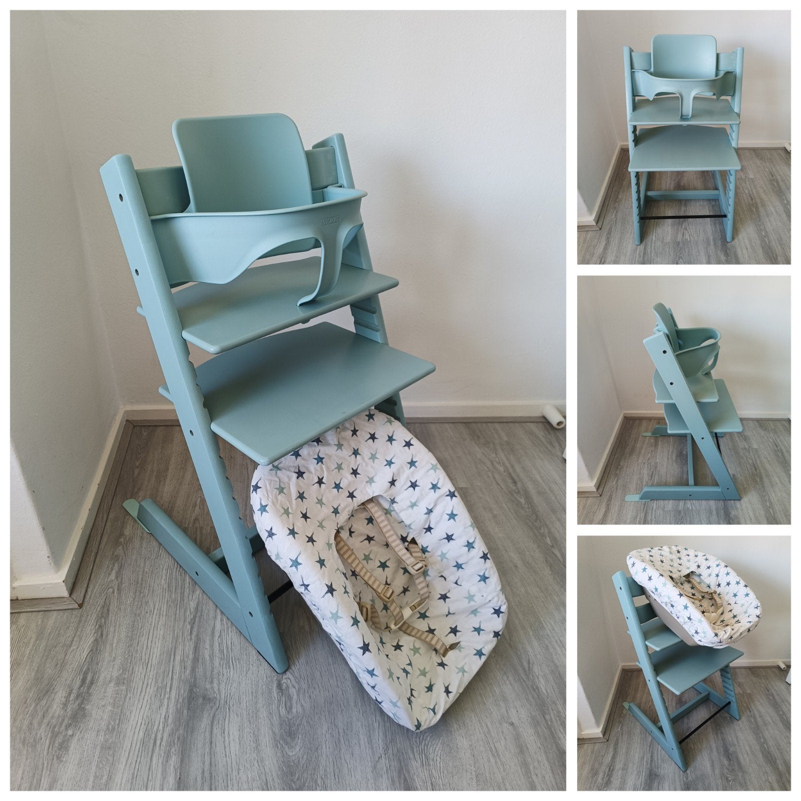 Stokke Tripp Trapp aqua blue met babyset, newbornset, hoes, Meegroeistoel, Ophalen of Verzenden, Zo goed als nieuw, X