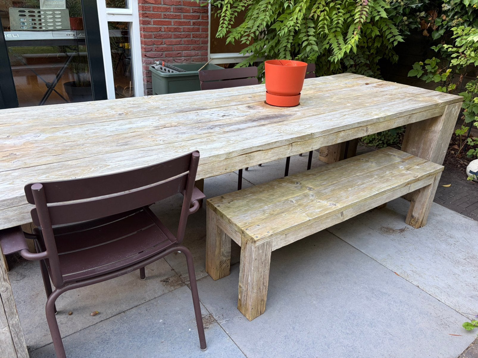 Steigerhouten tafel 3 meter met 2 bankjes, Tuin en Terras, Ophalen of Verzenden, Gebruikt, Hout