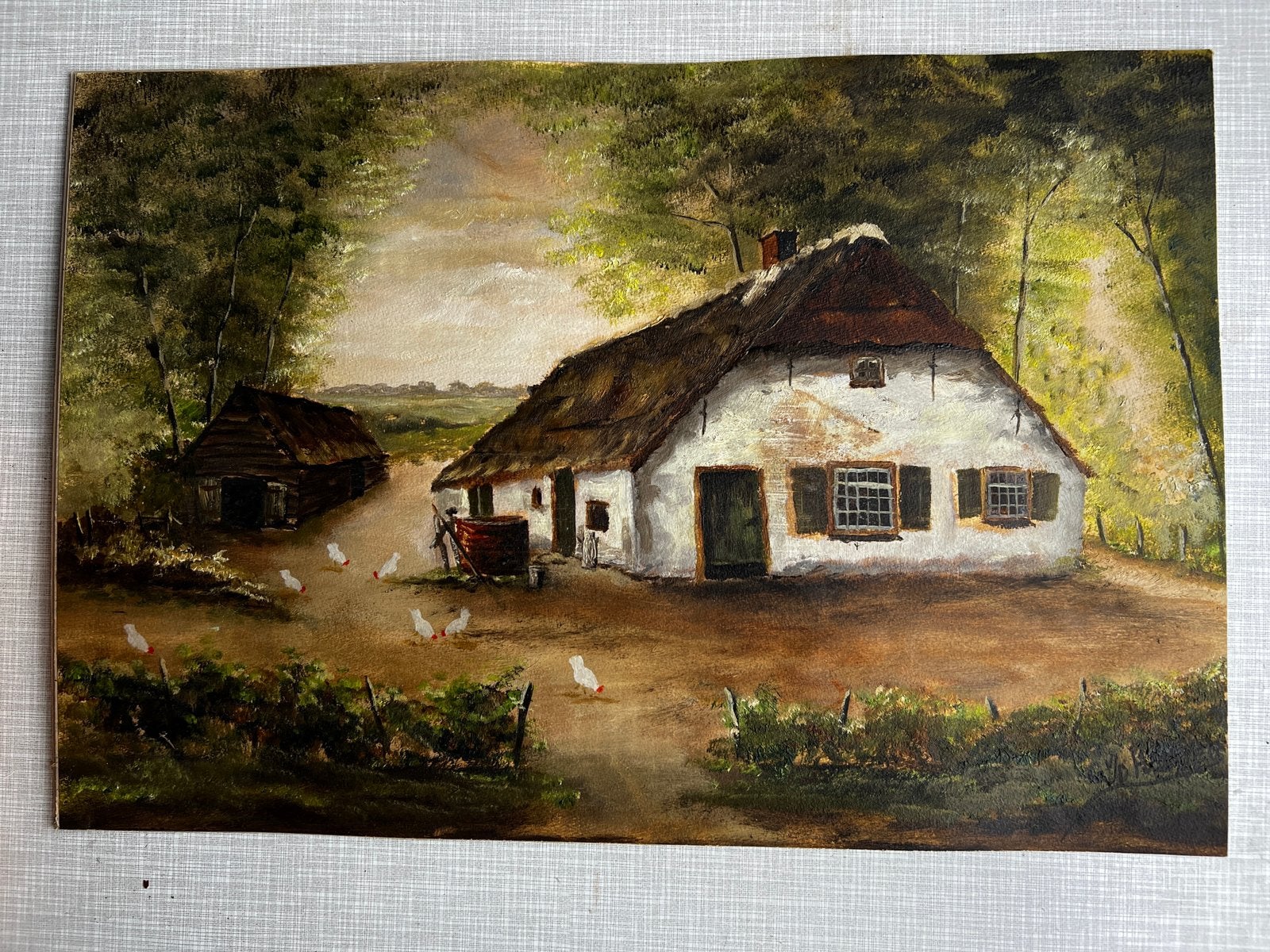 Olieverfschilderijtje “ Boerderijtje met kippen”., Antiek en Kunst, Paneel, Ophalen of Verzenden, Olieverf, Klassiek