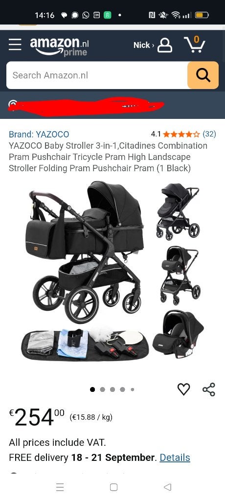 Kinderwagen, buggy, autostoel (3-1) Yazoco - zwart, Nieuw, Combiwagen, Met autostoeltje, Ophalen