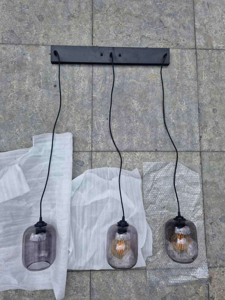 Set van 3 hanglampen met rookglas - Nieuw, Ophalen, Gebruikt, Glas, Modern, Industrieel