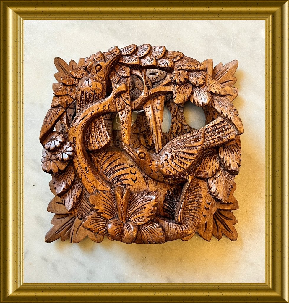 Klein Aziatisch houtsnijwerk paneeltje, Bali, vogels, relief, Houtsnijwerk, Minder dan 20 cm, Ophalen of Verzenden, Handgemaakt