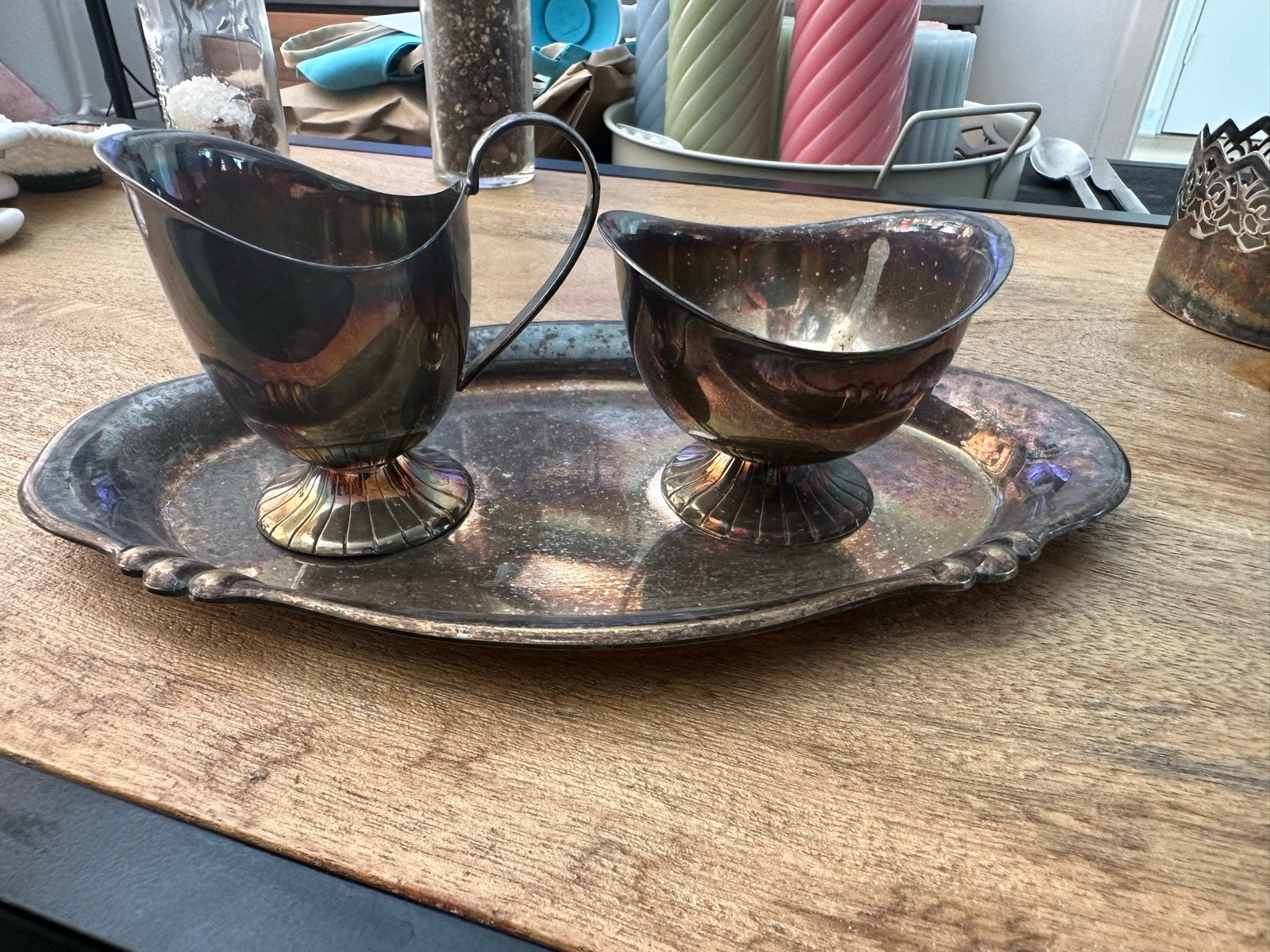 Vintage verzilverde suiker- en roomset op dienblad, Antiek en Kunst, Ophalen of Verzenden
