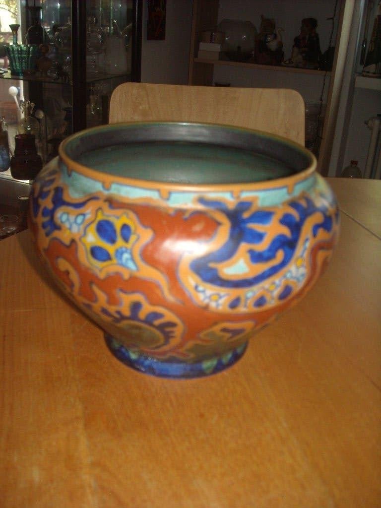 Gouda Plateel, Plantenpot, Antiek en Kunst, Meerkleurig, Vaas, Ophalen of Verzenden, Handgemaakt
