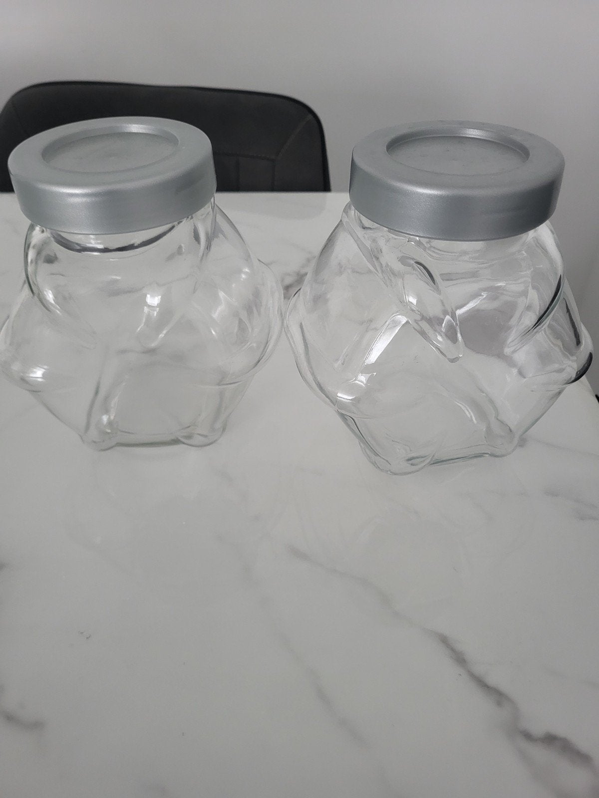 Set van 2 glazen voorraadpotten met zilveren deksel, Ophalen, Glas, Zilver, Zo goed als nieuw
