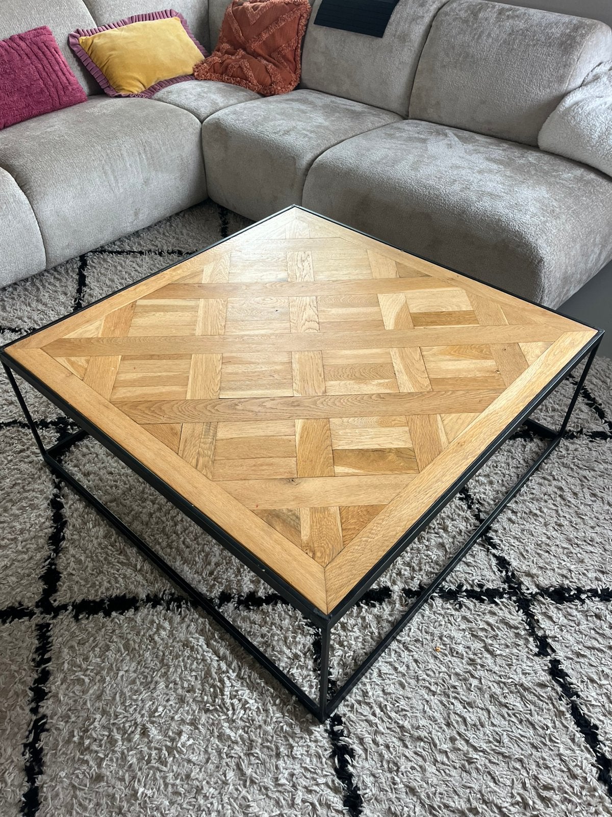 Prachtige salontafel visgraat 1x1meter, Ophalen, 100 tot 150 cm, Vierkant, 50 tot 100 cm