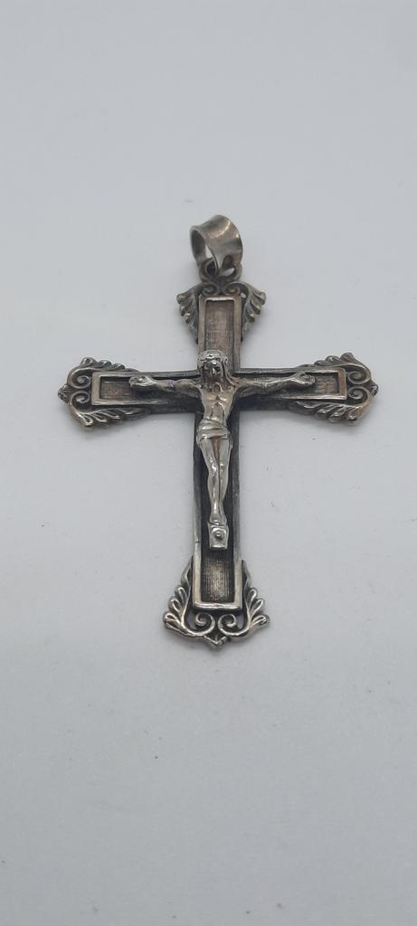 Antiek Zilveren Kruisbeeld Hanger - 6 cm, Antiek en Kunst, Antiek | Religie, Ophalen of Verzenden