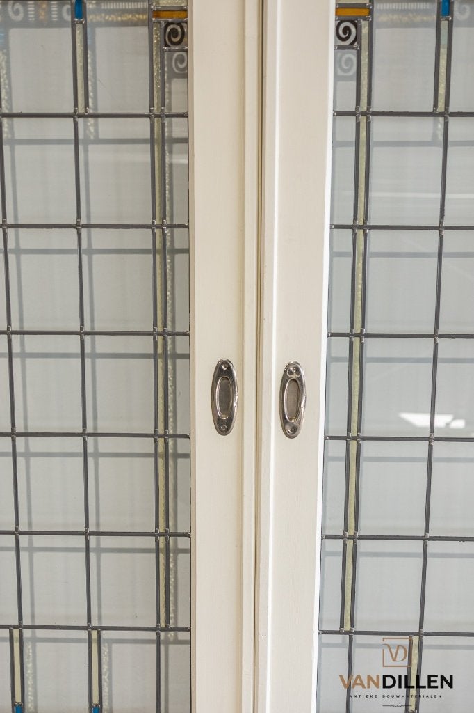 Antieke ensuite schuifdeuren glas in lood met motief, 120 cm of meer, Binnendeur, Ophalen of Verzenden, 200 tot 215 cm