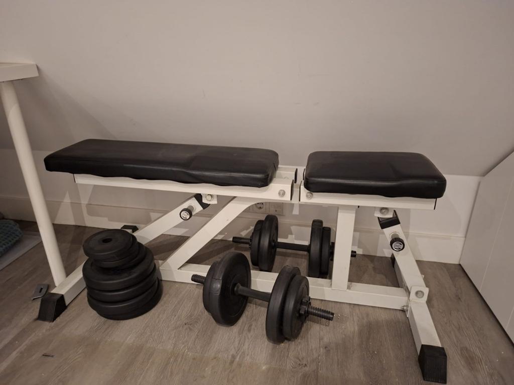 Verstelbare fitnessbank met dumbbells en gewichten, Ophalen, Gebruikt, Rug, Dumbbell
