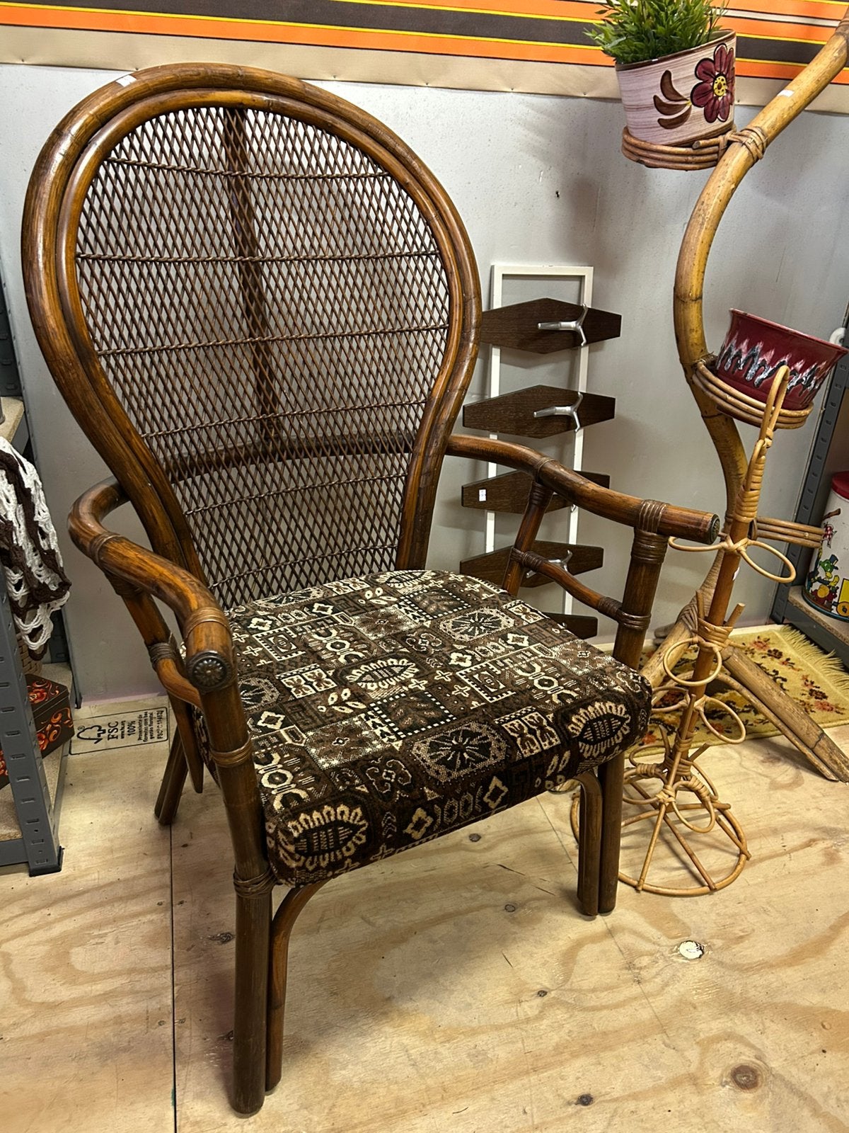 Vintage jaren 70 rotan/ rieten stoel, pauwenstoel, bruin, Bruin, Vintage, ?, Riet of Rotan
