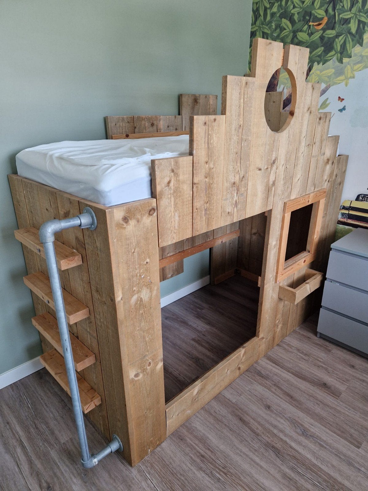 Hoogslaper/Stapelbed van stijgerhout met Industriële details, Ophalen, Gebruikt, 90 cm, Eenpersoons