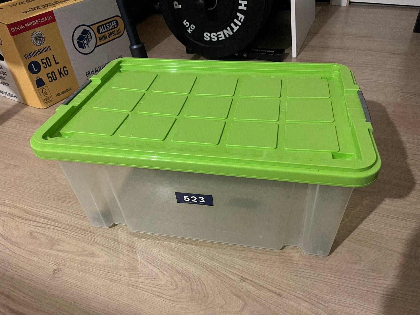 Opbergbox met deksel en wielen - Transparant/Groen, Kunststof, Gebruikt, 50 tot 100 cm, Ophalen of Verzenden