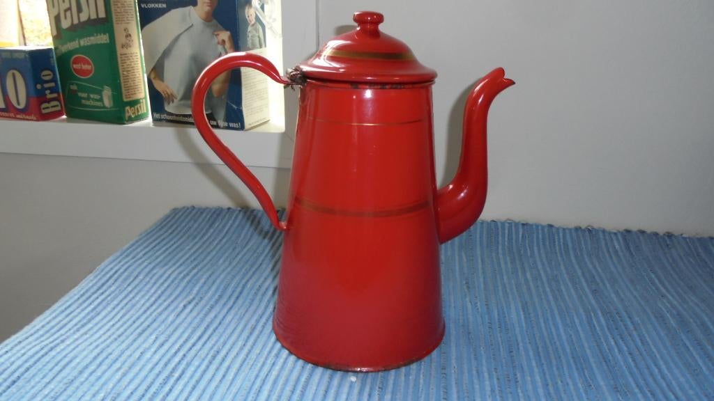 rood emaille koffiekan met bies H24cm, Antiek en Kunst, Ophalen of Verzenden