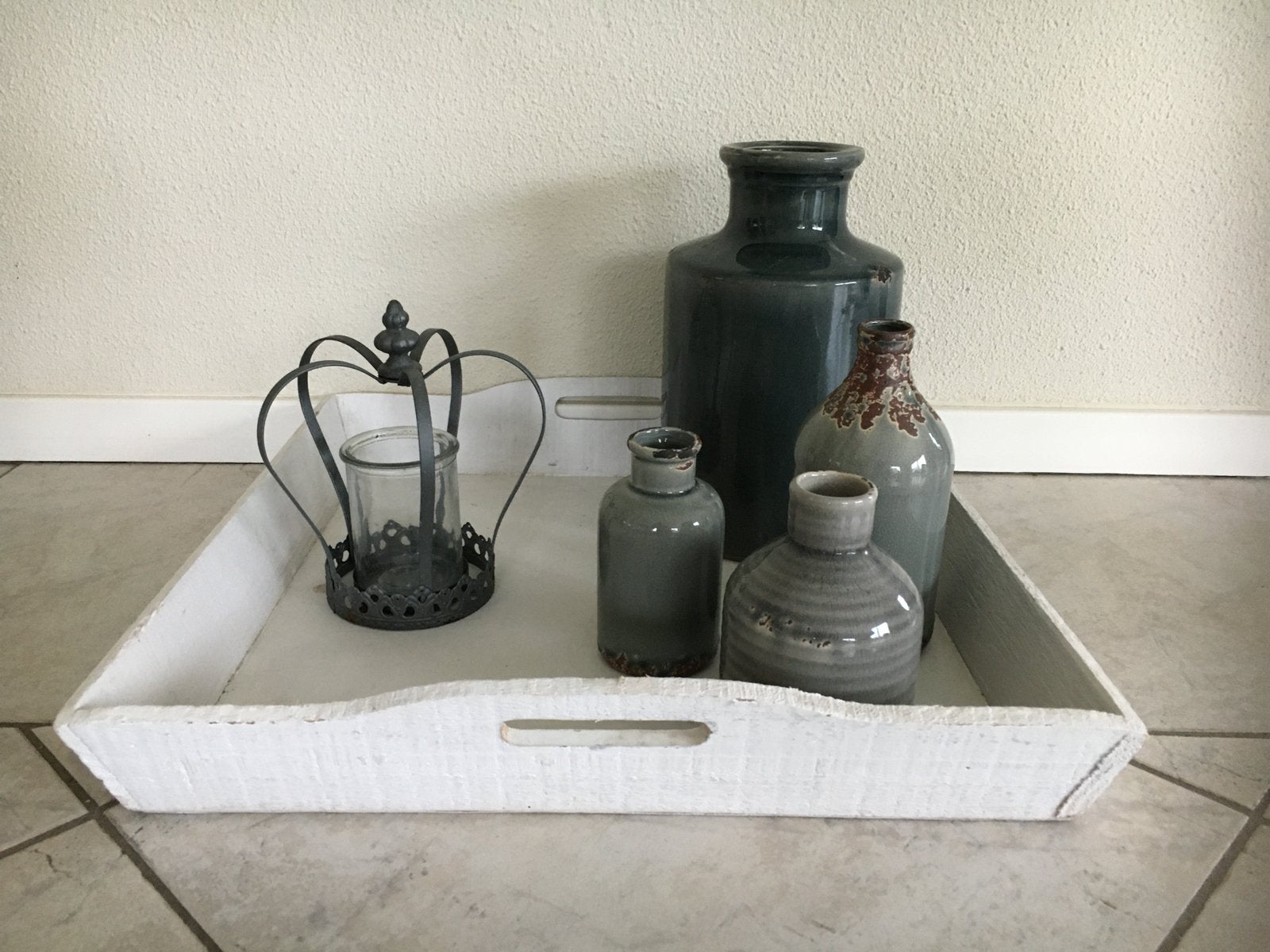 Set potten vazen grijs//blauw gevlamd geglazuurd aardewerk, Ophalen of Verzenden, Zo goed als nieuw