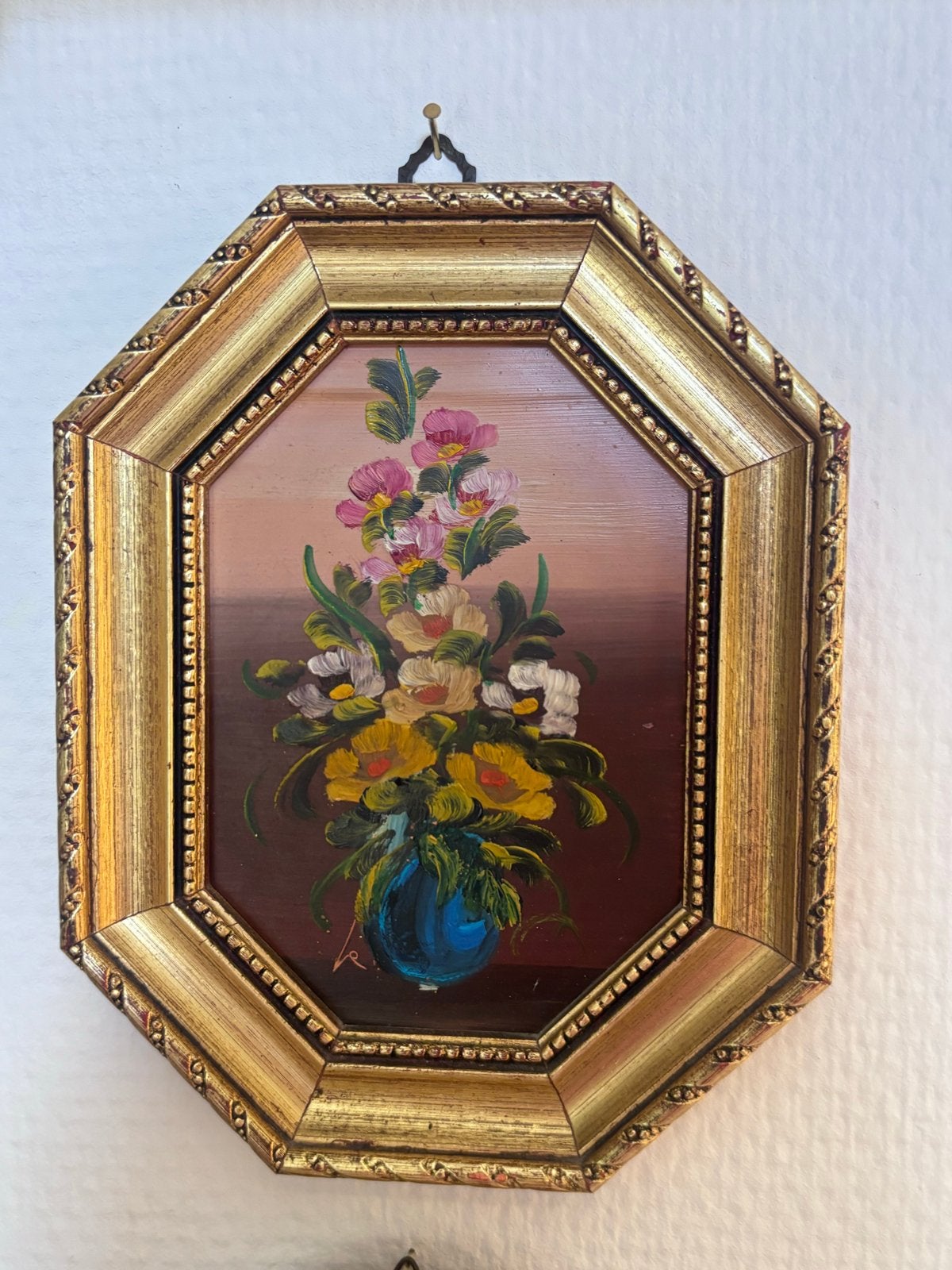 Vintage olieverf schilderijtje met bloemen in lijst, Antiek en Kunst, Kunst | Schilderijen | Klassiek, Ophalen, Stilleven, Olieverf